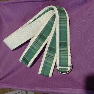 White canvas belt with green and blue plaid strip